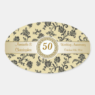 Sticker Ovale Fleurs noires Damas sur l'or Anniversaire Mariage