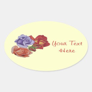 Sticker Ovale fleurs roses rouges et bourgeons roses fleuristes