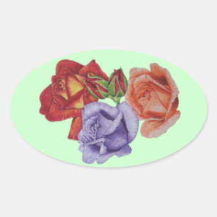 Sticker Ovale fleurs roses rouges et bourgeons roses fleurs flor