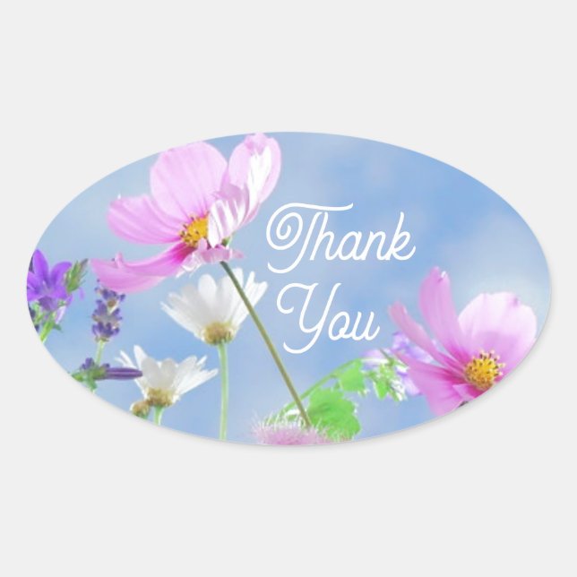 Sticker Ovale Fleurs sauvages ciel bleu merci (Devant)