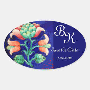 STICKER OVALE FLEURS STYLISÉES, MONOGRAMME FLORAL BLEU VERT ROSE