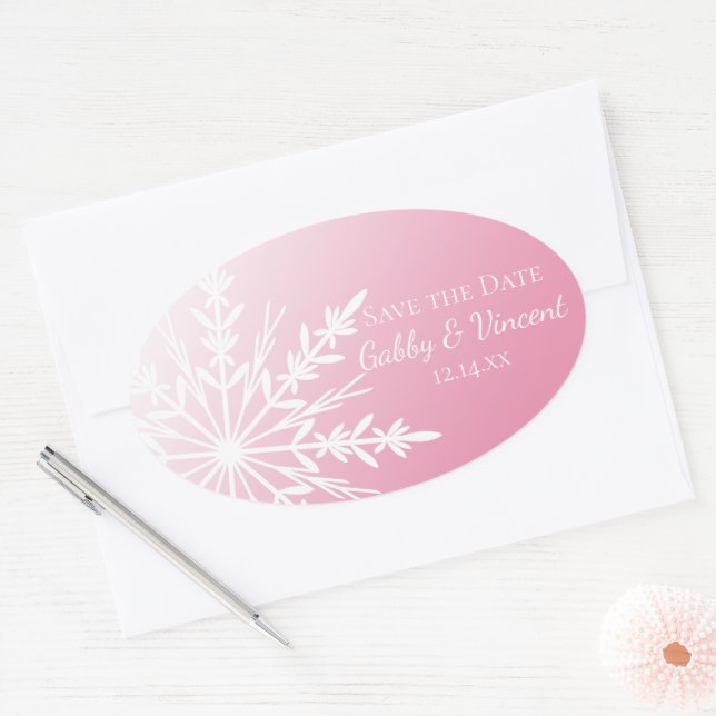 Sticker Ovale Flocon de neige rose blanc Mariage d'hiver Enregis (Enveloppe)