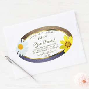 Sticker Ovale Floral Brown et Parties scintillant bleue Étiquett