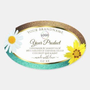 Sticker Ovale Floral Gold Turquoise Parties scintillant Blanc Pr