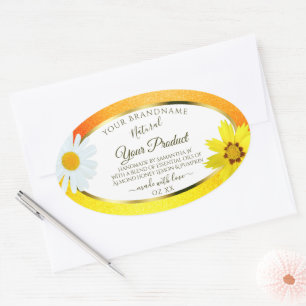 Sticker Ovale Floral Jaune Orange Parties scintillant Blanc Prod