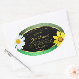 Sticker Ovale Floral Parties scintillant verte Noir et Or Étique