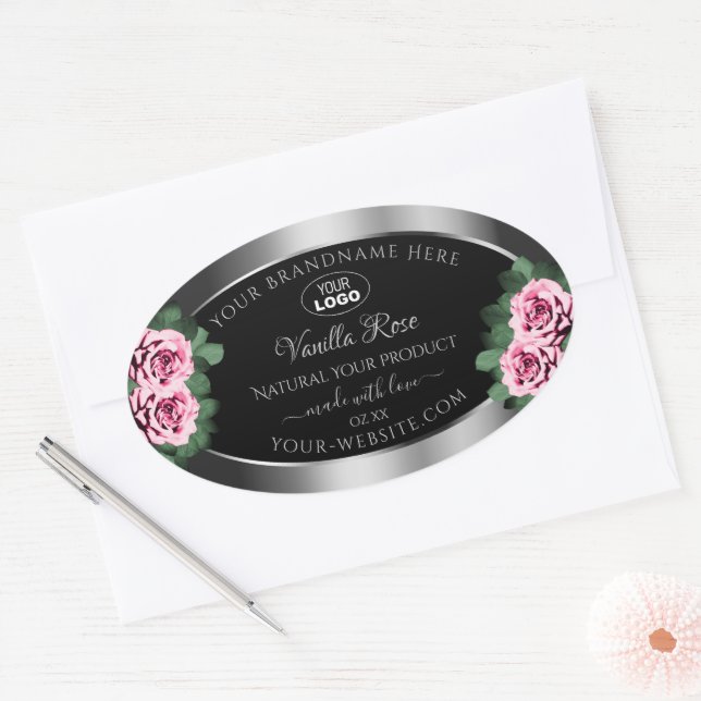 Sticker Ovale Floral Rose Roses Argent Noir Produit Logo Étiquet (Enveloppe)
