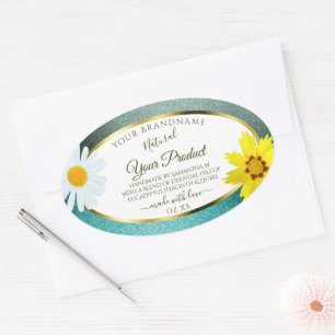 Sticker Ovale Floral Turquoise et Parties scintillant bleue Étiq