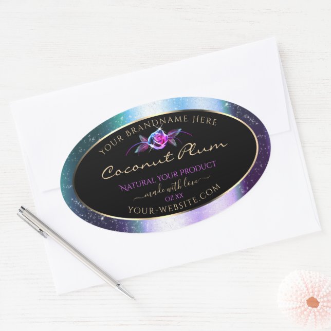 Sticker Ovale Floral Turquoise Parties scintillant violet noir É (Enveloppe)