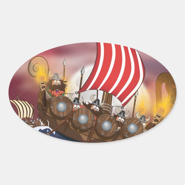 Sticker Ovale Flotte d'invasion de navires vikings (Devant)