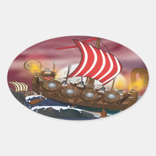 Sticker Ovale Flotte d'invasion de navires vikings
