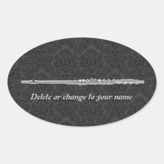 Sticker Ovale Flûte d'argent sur noir Damask Oval