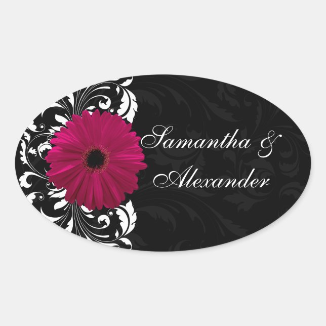 Sticker Ovale Fuchsia Scroll Gerbera Daisy avec noir et blanc (Devant)