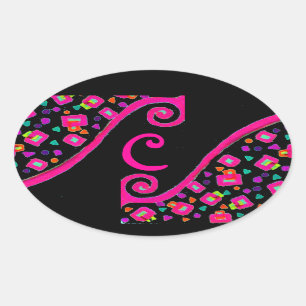 STICKER OVALE FUCHSIE ROSE NOIR DÉCO MONOGRAM ABSTRAIT
