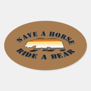 Sticker Ovale Gay Bear Pride Enregistrer un cheval Ride Ours