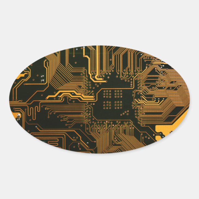 Sticker Ovale Geek Sortie carte circuit électronique orange PCB  (Devant)