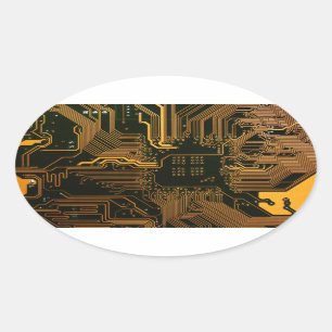 Sticker Ovale Geek Sortie carte circuit électronique orange PCB 