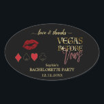 Sticker Ovale Glam Gold Vegas avant Vows Casino Bachelorette<br><div class="desc">Vegas Avant Vows Bachelorette Week-end! Ce design présente la typographie "Vegas Before Vows" avec superposition de dégradé or et effet de texte néon,  lèvres rouges,  combinaison de cartes. Utilisez l'outil Personnaliser pour ajouter vos informations. Pour plus d'informations,  visitez s'il vous plaît,  mon Casino Bachelorette Collection.</div>