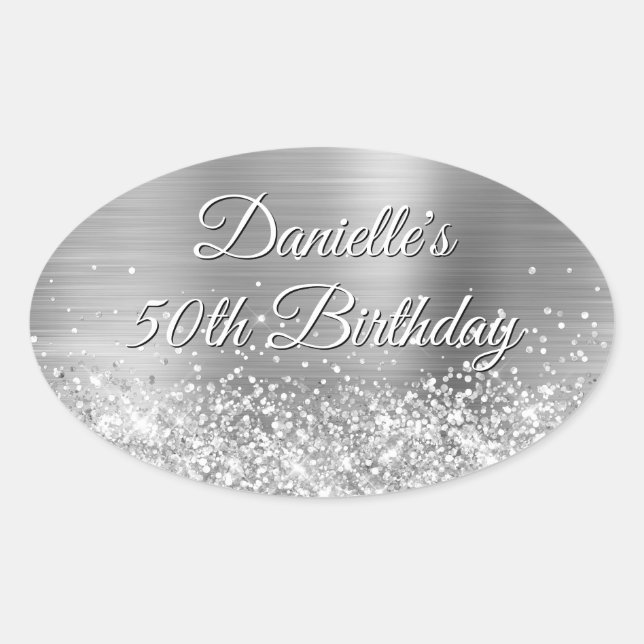 Sticker Ovale Glittery Silver Foil 50e anniversaire (Devant)
