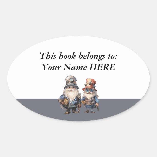 Sticker Ovale Gnomes personnalisés Forêts Travailleurs Ex Libris (Devant)