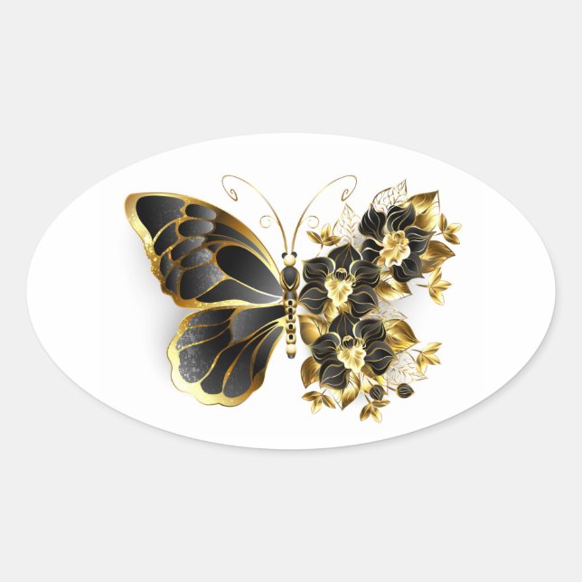 Sticker Ovale Gold flower Butterfly with Black Orchid (Devant)