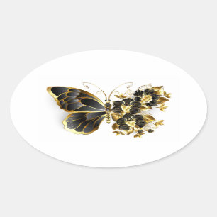 Sticker Ovale Gold flower Butterfly with Black Orchid