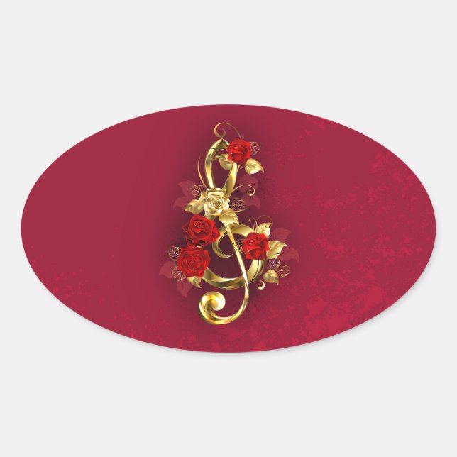 Sticker Ovale Golden Treble Clef avec fleurs Roses (Devant)
