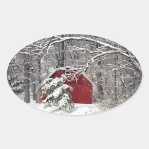 Sticker Ovale Grange rouge dans la neige 2011