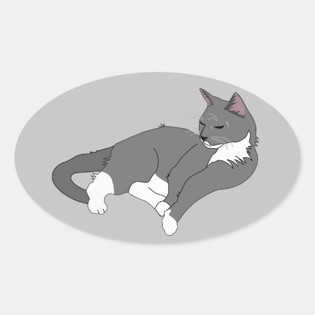 Sticker Ovale Gray & White Tuxedo Cat (Devant)