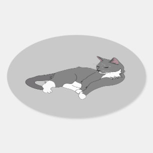 Sticker Ovale Gray & White Tuxedo Cat