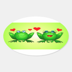 Sticker Ovale Grenouilles de dessin animé vertes Cœurs d'amour r