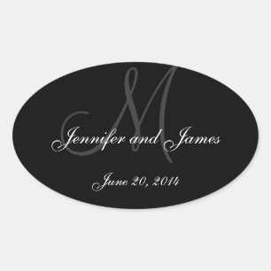 Sticker Ovale Gris et blanc Monogramme Oval Mariage Vins Étiquet