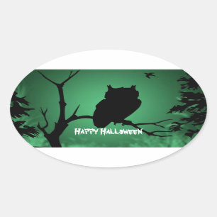 Sticker Ovale Halloween Hibou Silhouette