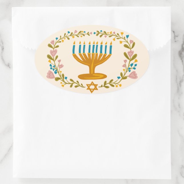 Sticker Ovale HANOUKKA Menorah couronne florale Juive Holiday (Sac)