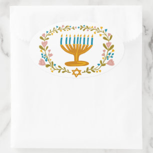 Sticker Ovale HANOUKKA Menorah couronne florale Juive Holiday