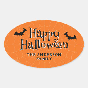 Sticker Ovale Happy Halloween Cobweb Bats Orange