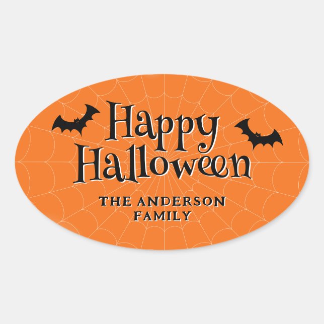 Sticker Ovale Happy Halloween Cobweb Bats Orange (Devant)