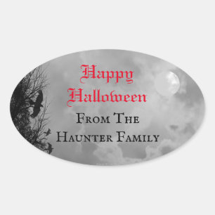 Sticker Ovale Happy Halloween Pleine lune et Raven Custom Sticke