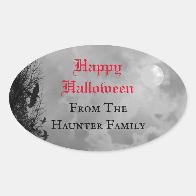 Sticker Ovale Happy Halloween Pleine lune et Raven Custom Sticke (Devant)