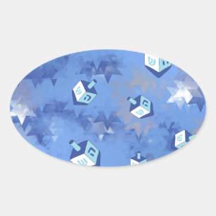 Sticker Ovale Happy Hanoukka Falling Stars and Dreidels