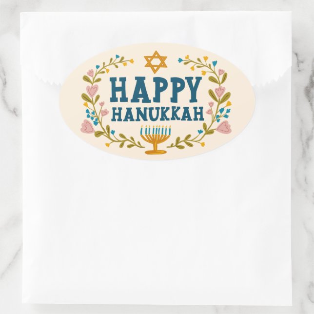 Sticker Ovale HAPPY HANOUKKA fleurie couronne Juive Holiday (Sac)
