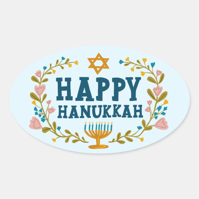Sticker Ovale HAPPY HANOUKKA fleurie couronne Juive Holiday (Devant)
