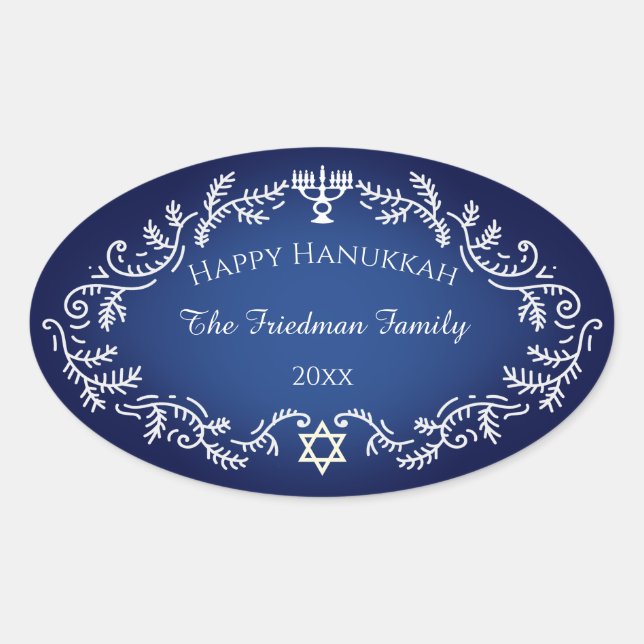 Sticker Ovale Happy Hanoukka Menorah White Festive Frame on Blue (Devant)