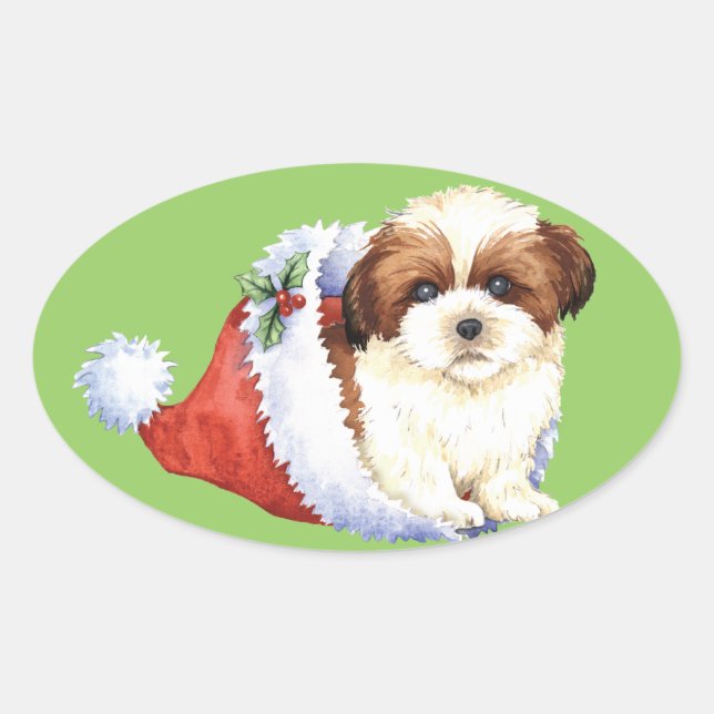 Sticker Ovale Happy Howlidays Shih Tzu (Devant)