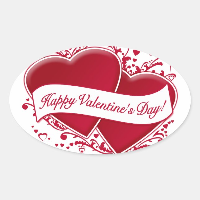 Sticker Ovale Heureuse Sainte-Valentin ! Coeurs rouges (Devant)