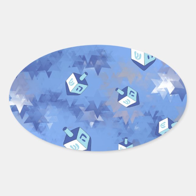 Sticker Ovale Heureux Hanoukka Falling Star et Dreidels (Devant)