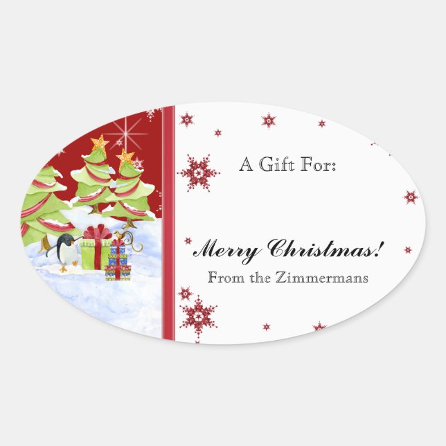 Sticker Ovale Hivernal Whimsy mignonne bébé pingouin dans l'étoi (Devant)