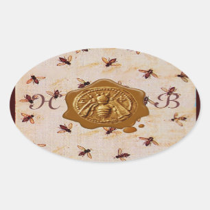 STICKER OVALE HONEY BEE, MONOGRAMME DE SCEAU DE CIRE BROWN