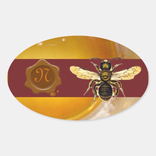 STICKER OVALE HONEY BEE MONOGRAMME DE SCEAU DE CIRE BROWN, MÉTIE (Devant)