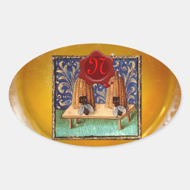 STICKER OVALE HONEY BEE, MONOGRAMME DE SCEAU DE CIRE ROUGE (Devant)